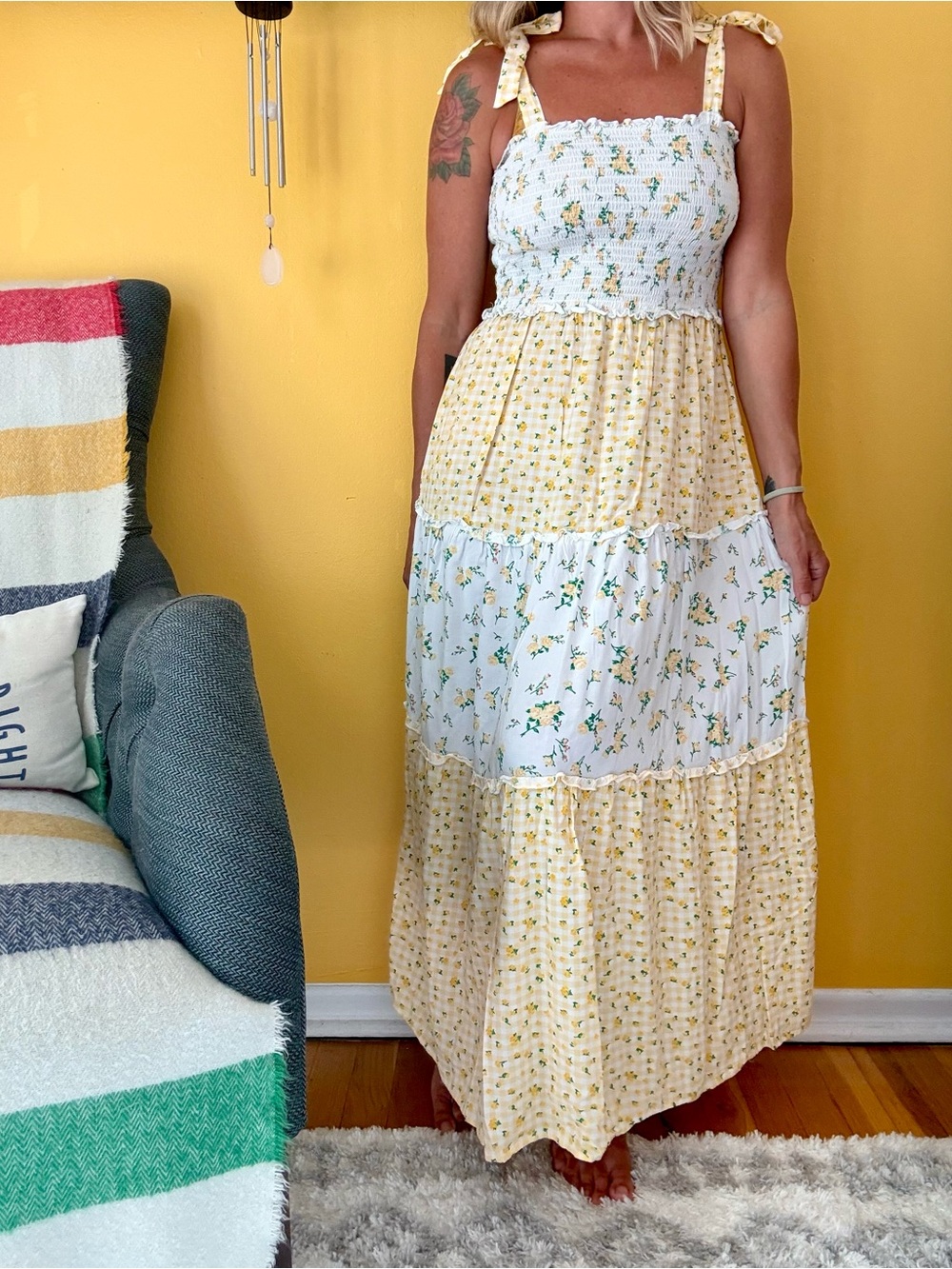 Bebop Garden Party Bow Maxi Sun Dress Yellow Large Checkered Floral